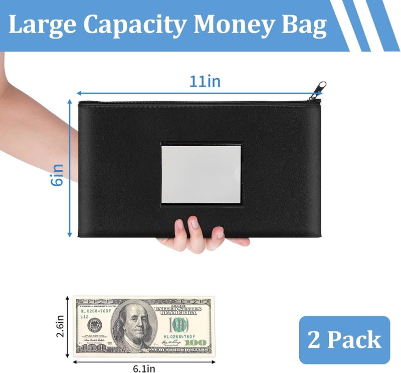 Hoiny 2 Pack Money Bags with Zipper, Bank Pouch with Label, 11 x 6.1 Inch PU Leather Cash Deposit Holder for Coins, Invoice, Bills, Cosmetics, Tools (Black) - Image 2